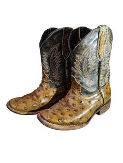 Roper Boys' Jed Faux Ostrich Western Boots - Square Toe Kids 13