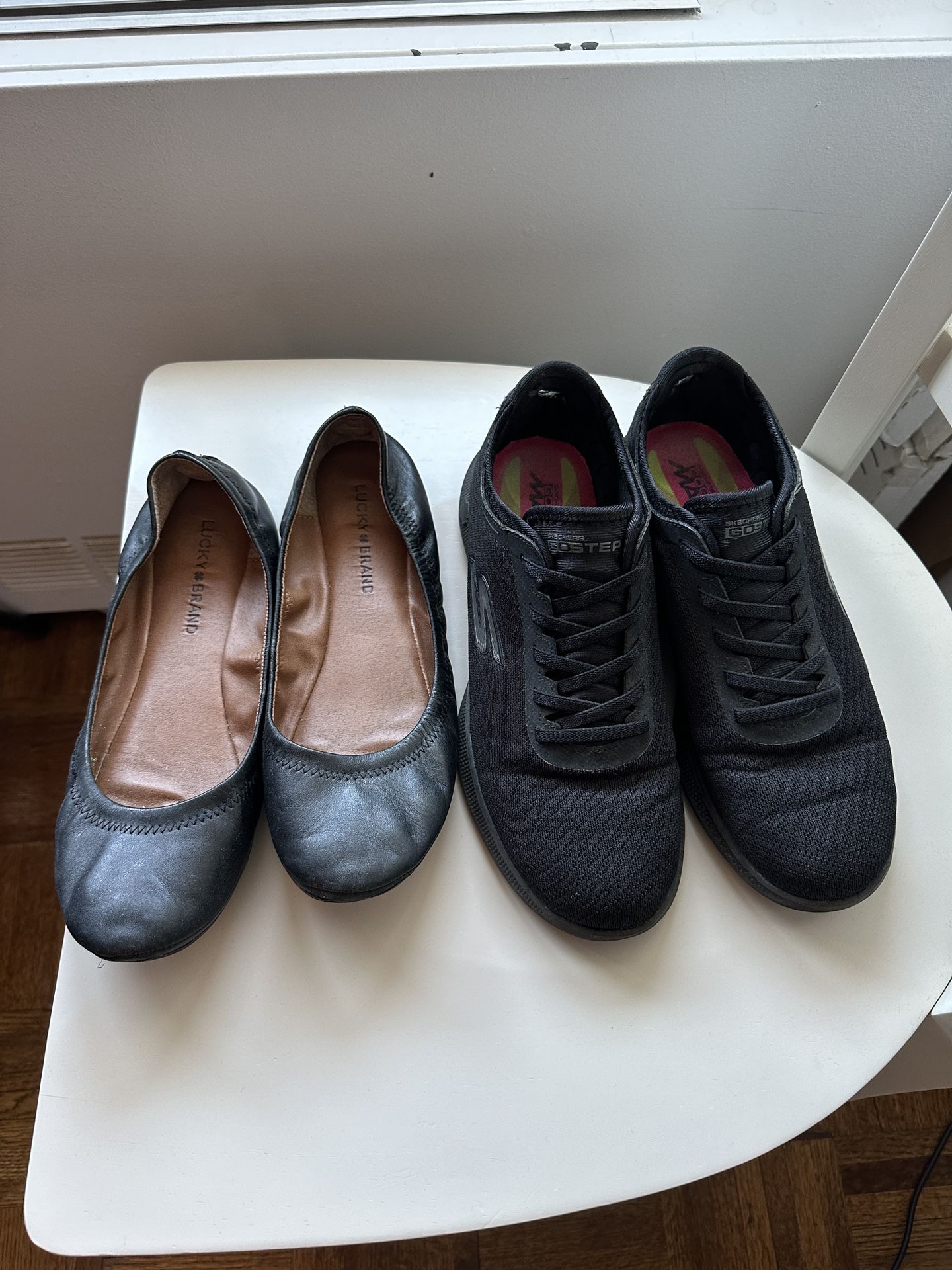 2 Pairs Ladies Shoes, Lucky Ballet Flats, Skechers Sneakers Good Condition $5/each