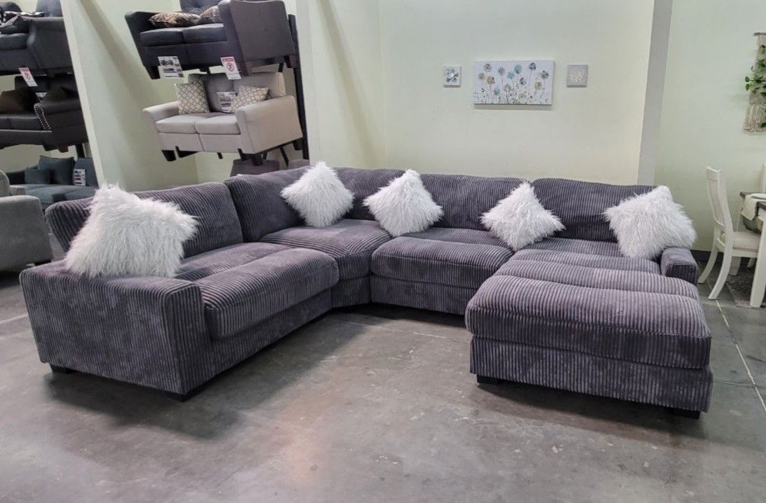 ✅️4 pc grey wide welt cordury fabric upholstered modular sectional sofa with chaise