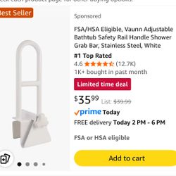 Vaunn Medical Adjustable Bathtub Safety Rail Shower Grab Bar Handle, Stainless Steel, White