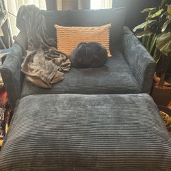 Oversized Chair With Ottoman Blue Corduroy