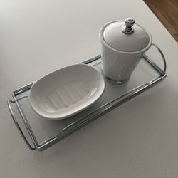 Porcelain Bathroom Set – Soap Holder, Cotton Swab Holder & Glass Tray