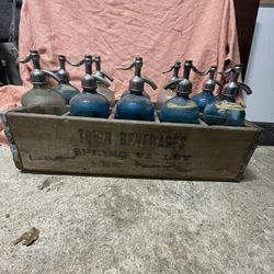 ***VINTAGE WOOD CRATE OF 10 VINTAGE GLASS SELTZER BOTTLES***MAKE REASONABLE OFFER AND ITS YOURS!!***these Are Selling For $100 Approx. Individually **