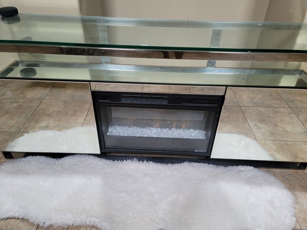Faux Mirrored Fireplace TV Stand