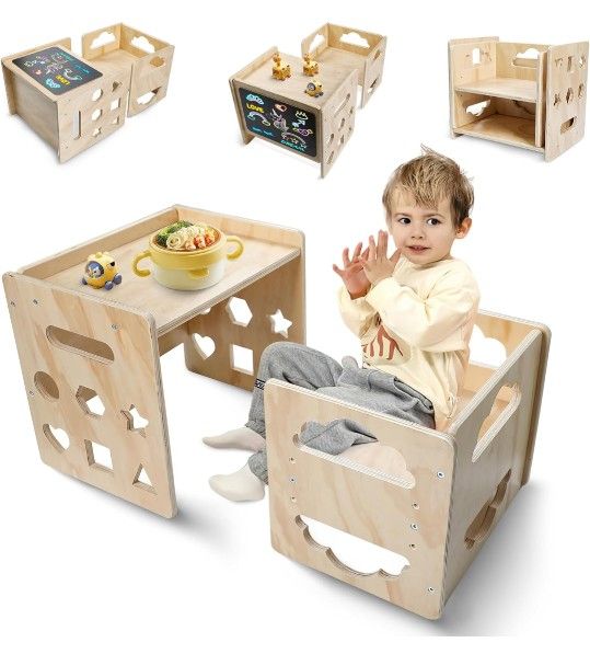 
2 in 1 Montessori Weaning Table and Chair Set, Wooden Toddler Table and Chair Set with Blackboards, Adjustable Height Chair Step Stool,1-3 Year Old K