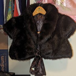 Women's Faux Fur Short Sleeve Wrap/Stole With Ribbon Tie Closure Dark Brown