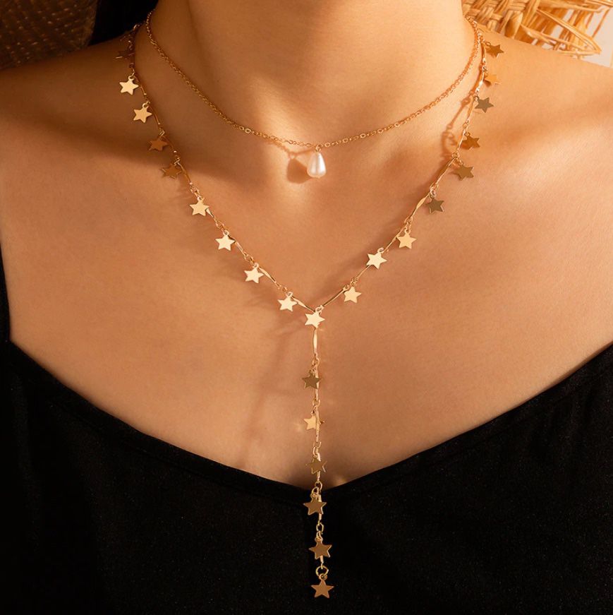 Bohemian Star Tassel Long Chain Necklace for Women Charms Pearl Stone