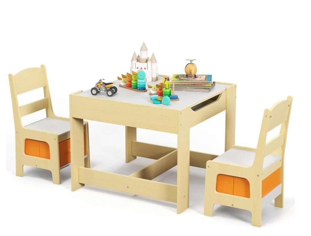 Kids Table and Chair Set, 3 in 1 Wooden Activity Table with Storage Drawer, Detachable Tabletop for Children Drawing Reading Art Craft, Playro