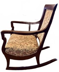 Vintage Antique Wooden Rocking Chair with Floral Upholstery, Beige and Brown