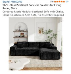 NEW 96'' L-Cloud Sectional Boneless Couches for Living Room, Black