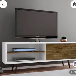 Media Cabinet - Liberty 63” Mid Century Modern TV stand for up to 60” in white and rustic brown
