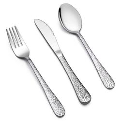 Hammered Kids Utensils Silverware Set, 3-Piece Stainless Steel Toddler Child Flatware Cutlery, Cute Baby Feeding Tableware for Boys and Girls, 