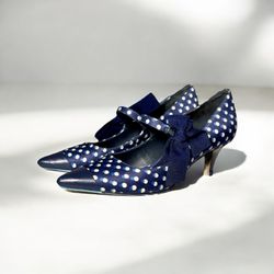 Tory Burch Navy Blue Dotted Side Bow 2” Pointed Toe Kitten Heels Sz 5.5 36