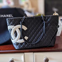 Authentic Chanel Cambon Quilted CC Logo Tote Bag Black Lambskin