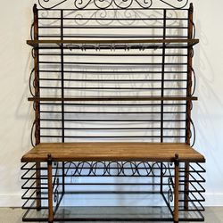 Vintage French Iron Metal Bakers Rack w/ Butcher Block Top + Glass Display Shelves 