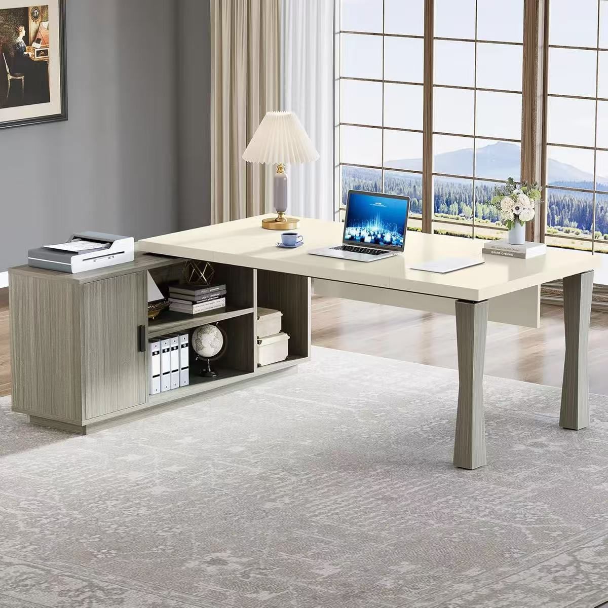 Large L-Shaped Desk, 71-Inch Executive Desk Computer Table With Cabinet grey