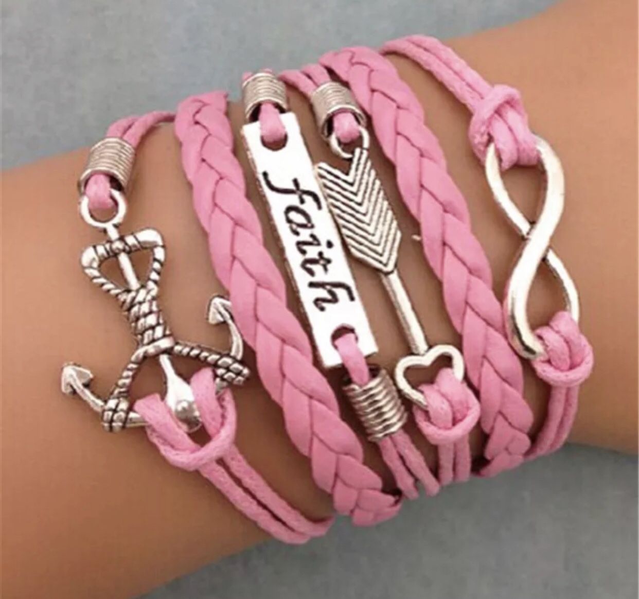 Anchor,faith,arrow,infinity leather style bracelet