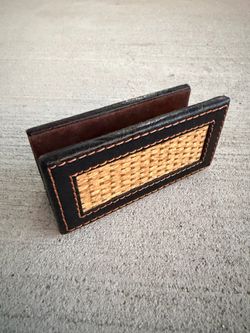 Vintage Mid Century Style Leather & Woven Rattan Letter Holder Mail Organizer Desk Stand
