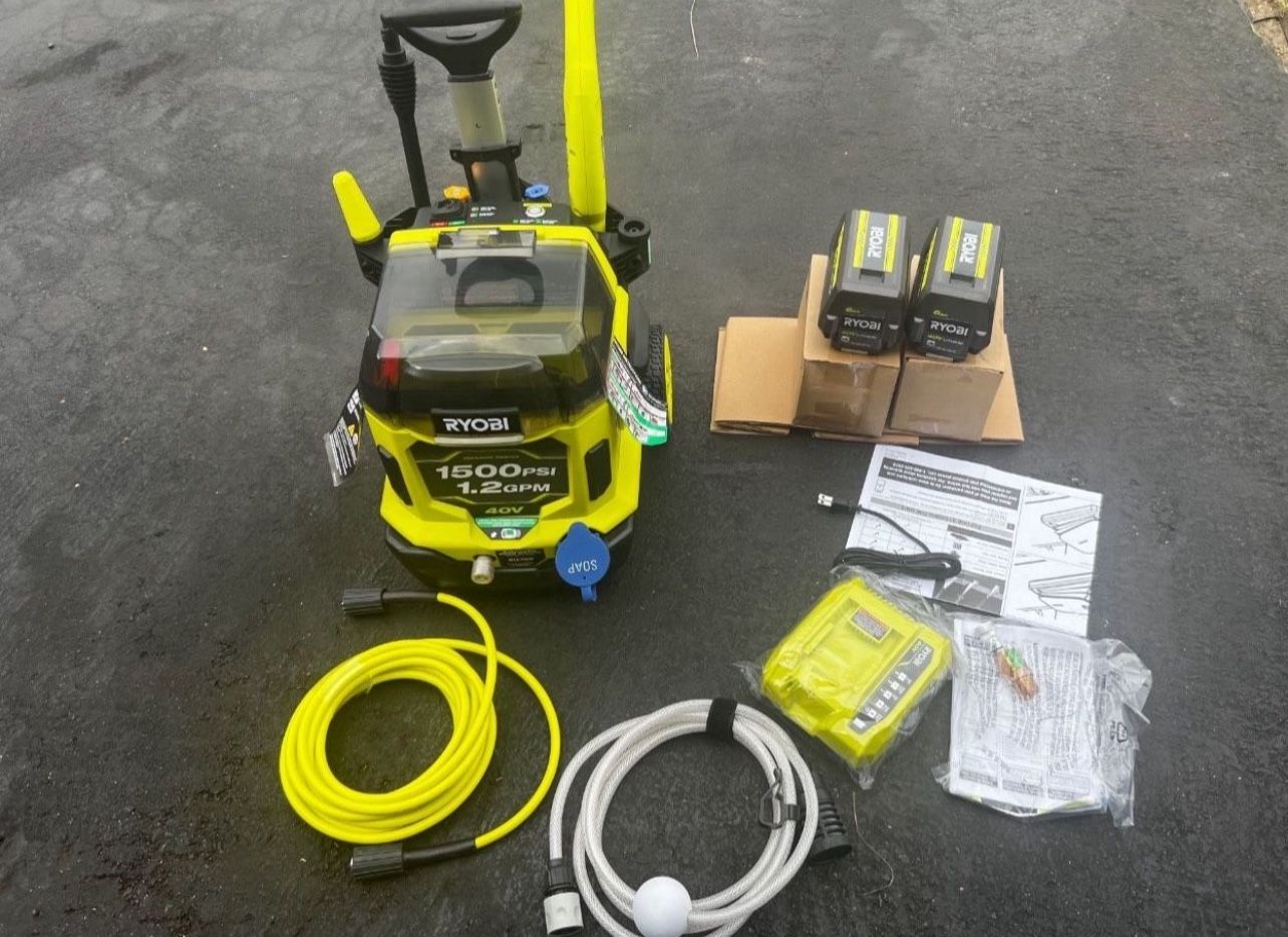 RYOBI PRESSURE WASHER 1500 PSI and 1.2 GPM (Boost Mode) TWO SPEED Portable, easy-to-use, and low maintenance Includes two Batteries 40-and Charger