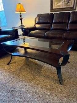 Dark Wood Glass Top Coffee Table & Side Tables