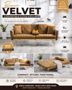 Modern Brown Velvet Convertible Sofa Bed | Hidden Cup Holders | Like New