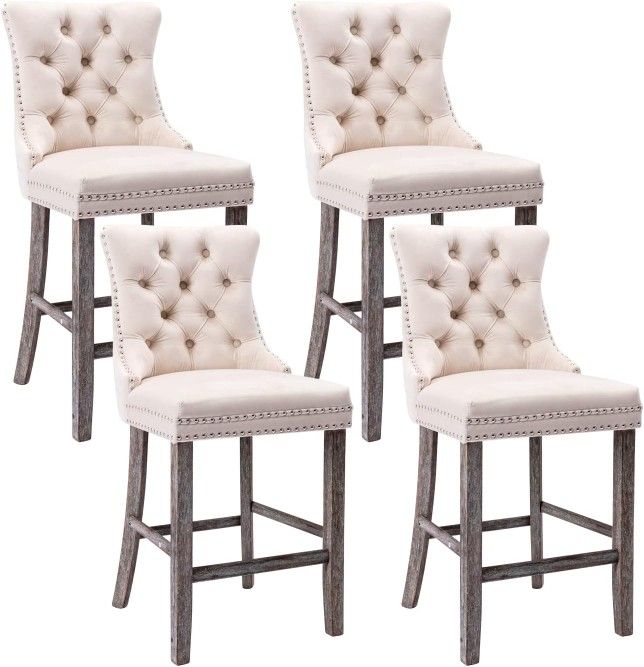 Velvet Bar Stools Set of 4, 27" Padded Counter Height Bar Stools with Button and Nailhead Trim, Bar Stool with Back and Wooden Legs, for Kitchen, Cafe