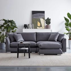 25Home: Dark Gray Air Leather 103" Feathers Couch and Ottoman,***Free Delievry