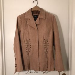 Rue 21 Women’s Tan Genuine Leather and Lace Snap Button Jacket Size Large