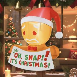 Blafly Christmas Inflatables Outdoor Decorations 3.3FT Gingerbread Man With Oh Snap Banner Lean Out Window Inflatable Blow Up Yard Decoration With LED