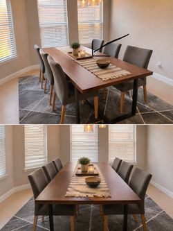 Extendable Wood Dining Table with 6 Gray Chairs