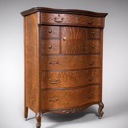 American Edwardian Colonial Style Tiger Oak Bombe Highboy Dresser w/ Hidden Cabinet, c.1920's - Delivery Available