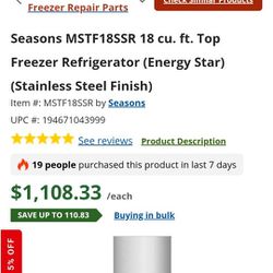Seasons  Stainless Refrigerator  18 Cubic Feet With Ice Maker 