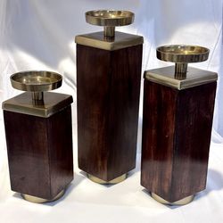 Connie Post Mid Century Modern Candle Holders Set Of 3 Gold Wood Metal Pillar