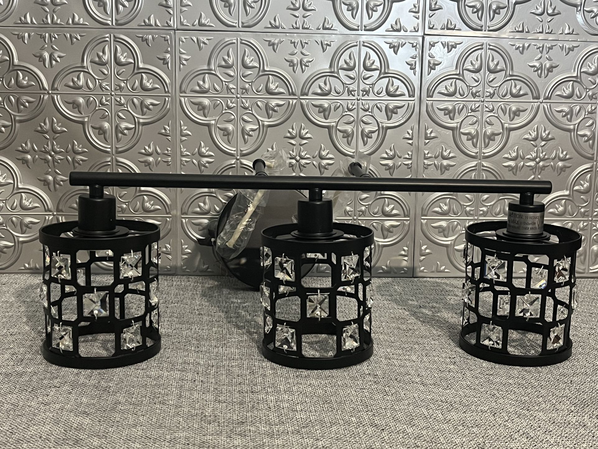 3 Light Black Matte Vanity Light, Modern Wall Sconces with Cylinder Crystal Shades