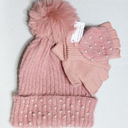 Adult Pink Pretty Pearl Embellished Winter Hat & Gloves 