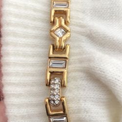 VINTAGE 80's GOLD PLATED SWAROVSKI CRYSTAL SWAN LOGO SWAROVSKI BRACELET 7.5"