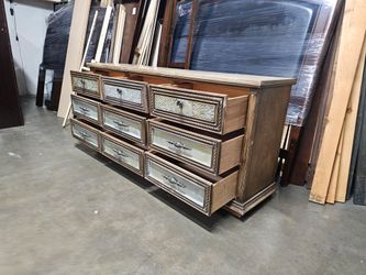 Wide Wood Dresser with Mirrored Drawer Fronts