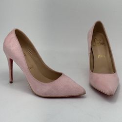 Christian Louboutin Pink Suede High Heels Pumps Pointed Toe Beige Leather inner red bottoms soles