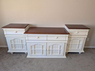 3-Piece White and Wood Bedroom Set - entertainment center and Two side pieces
