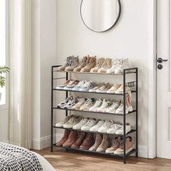 Metal Shoe Rack Storage Organizer 5 Tier Shelf, 4 Hooks, Adjustable Feet, 5 Fabric Shelves
