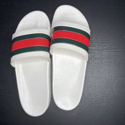 White Gucci Slides With Green And Red