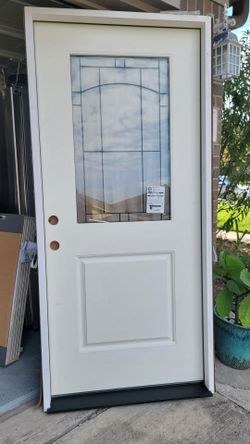 Legacy 36 in. x 80 in. Right Hand Inswing 1/2 Lite Decorative Knox Glass White Primed Fiberglass Prehung Front Door