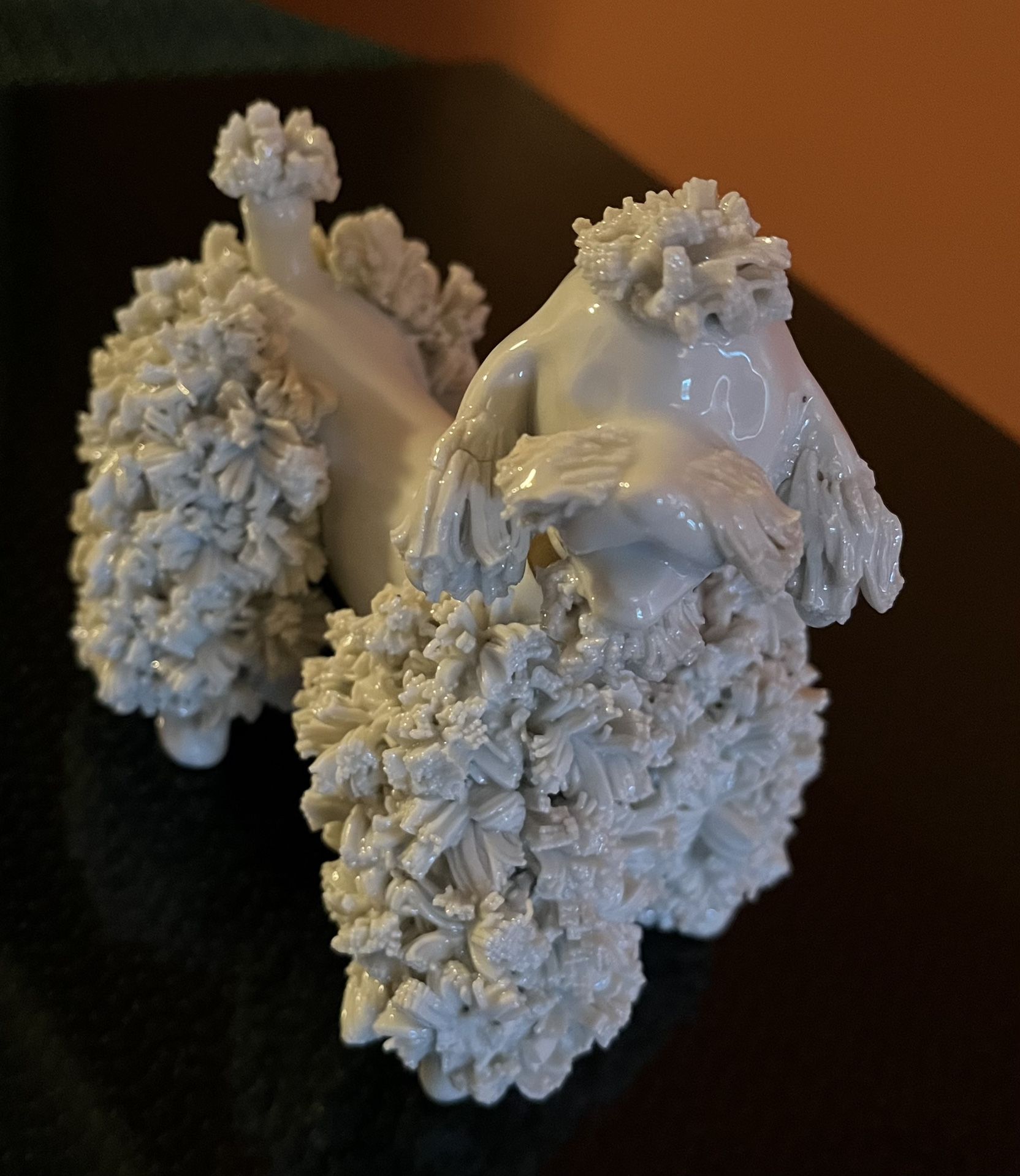 Vintage MCM White Glazed Porcelain Spaghetti Poodle Figurine About 6”L 5”H