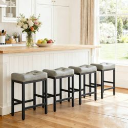 Set of 4 Counter Height Bar Stools, 24 Inch Saddle Backless Barstools for Kitchen Counter, Faux Lea