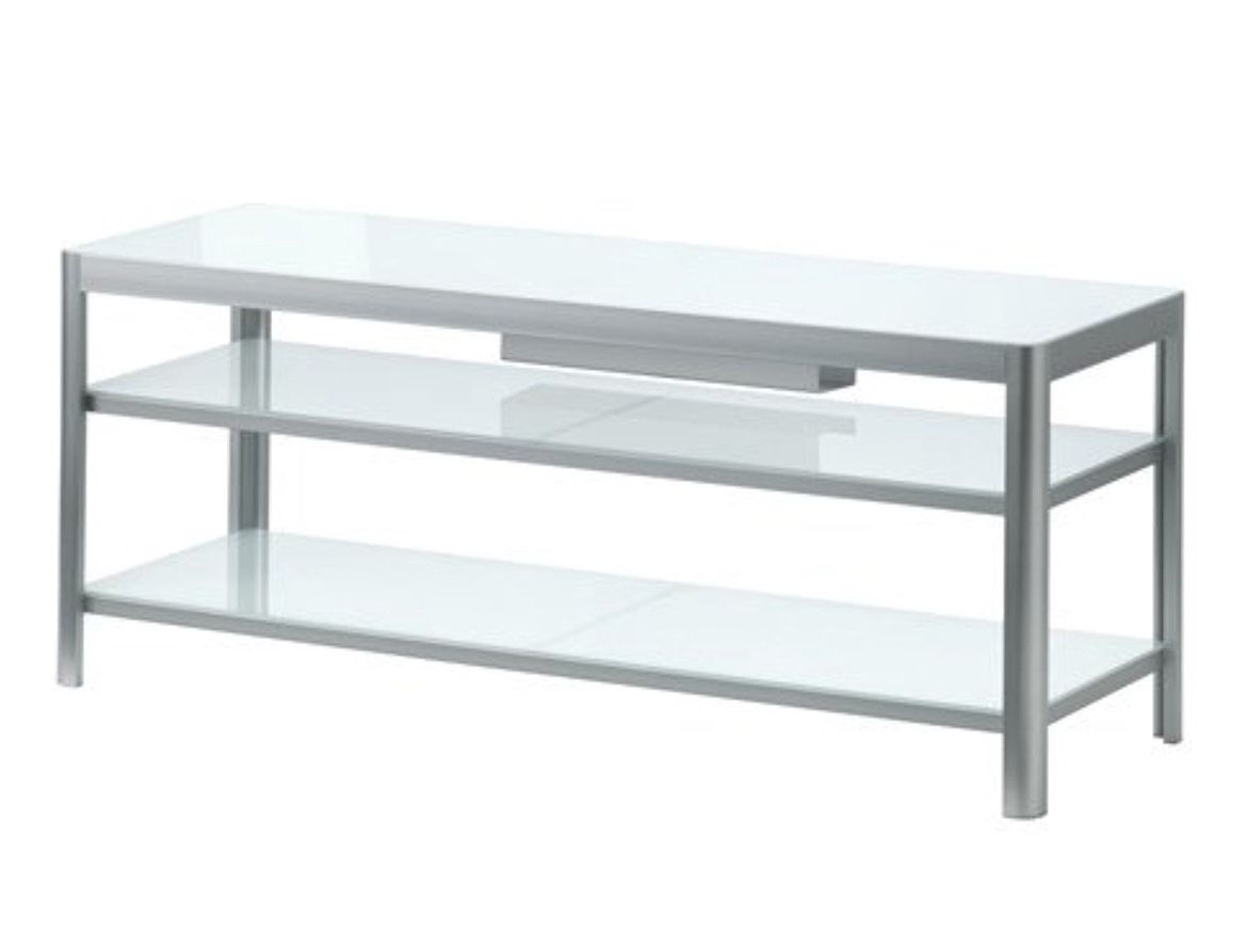 IKEA Gettorp TV Stand: White/Aluminum And Tempered Glass