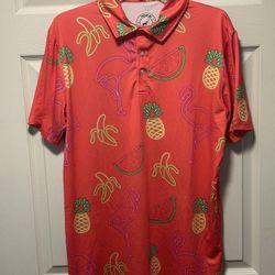 Proud 90 Golf Is Fun Performance Polo Men’s Medium Neon Fruit & Pink Flamingo