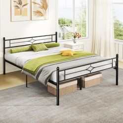 Full Size Metal Platform Bed Frame with Vintage Headboard and Footboard, Sturdy 12.5 inch, Black 