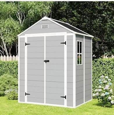 New in Box 6 x 5 FT Outdoor Storage Shed, Resin Shed w/ Windows, Lockable Door and Vents, Tool Shed