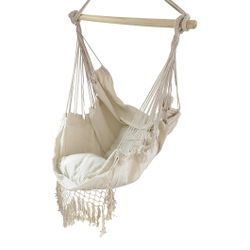 Ivory Hammock Chair Swing Hanging Rope Net Chair Porch Patio w Side Pocket New