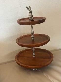 3 Tier Wooden Serving Stand Tray Metal Bunny Rabbit Topper Farmhouse